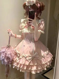 2025 Japanese Kawaii Sweet Lolita Princess Dress Women Pink Y2k Bow Lovely Slim Dresses Female Korea Style Design Chic Outfits