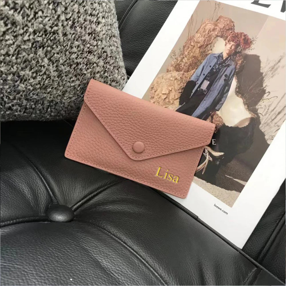 Customized Letters, Genuine Cowhide Leather, Women's Ultra-Thin Card Wallet, Women's Short Envelope, Women's Wallet