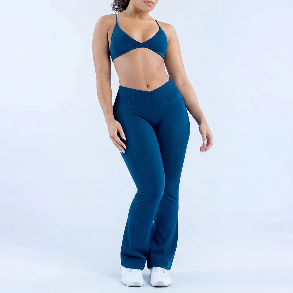 LOG0 Women Yoga Set Twist Front Sports Bra V Waist Flare Pants Seamless Gym Workout Fitness Activewear Sportswear 2 Piece Set
