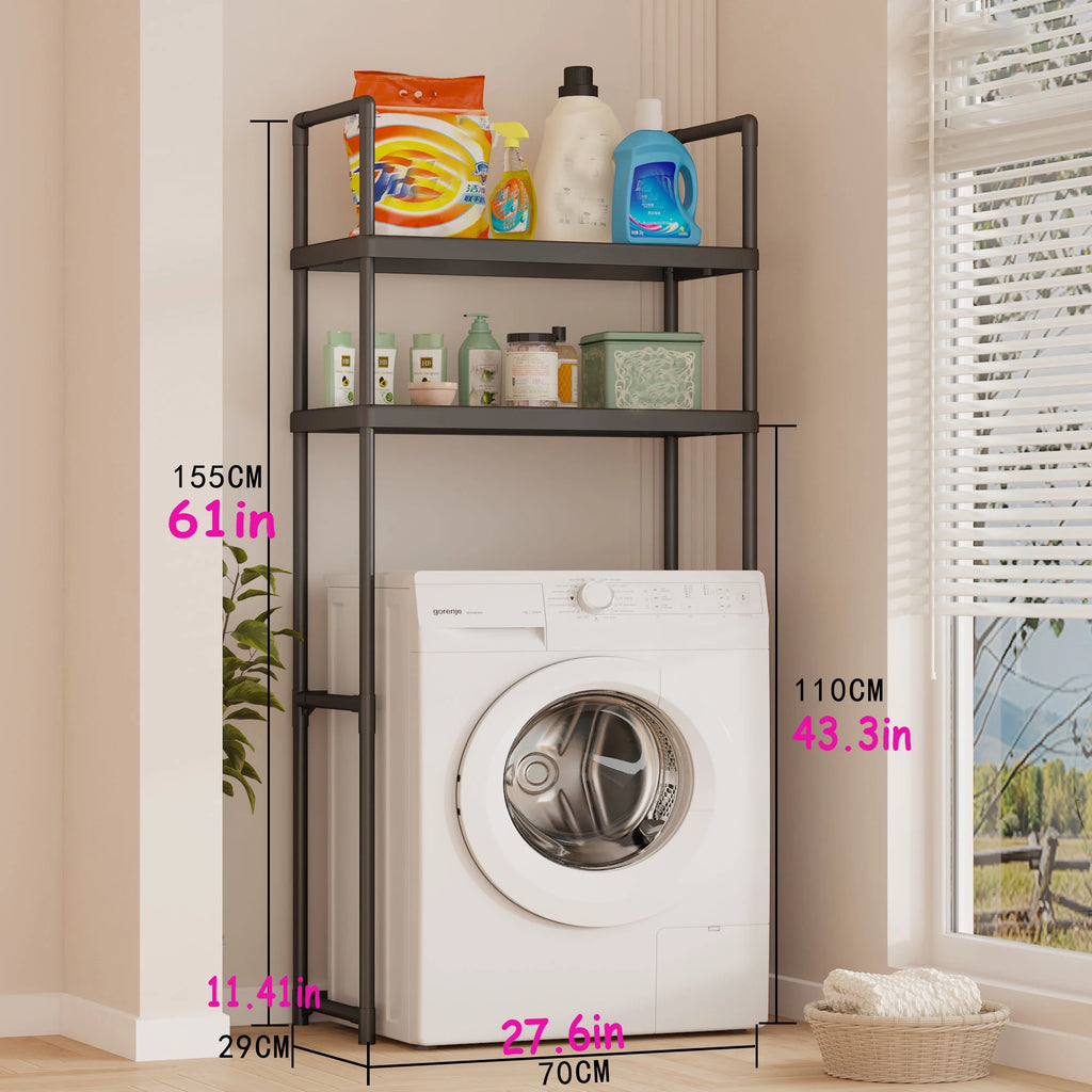 2-3 Tier Expandable Bathroom Storage Rack, Washing Machine Storage Rack Storage Rack Above the Toilet, Easy Installation Without Drilling, Built-In Detachable Storage Rack for Bathroom Essentials, Black Steel Freestanding Sto