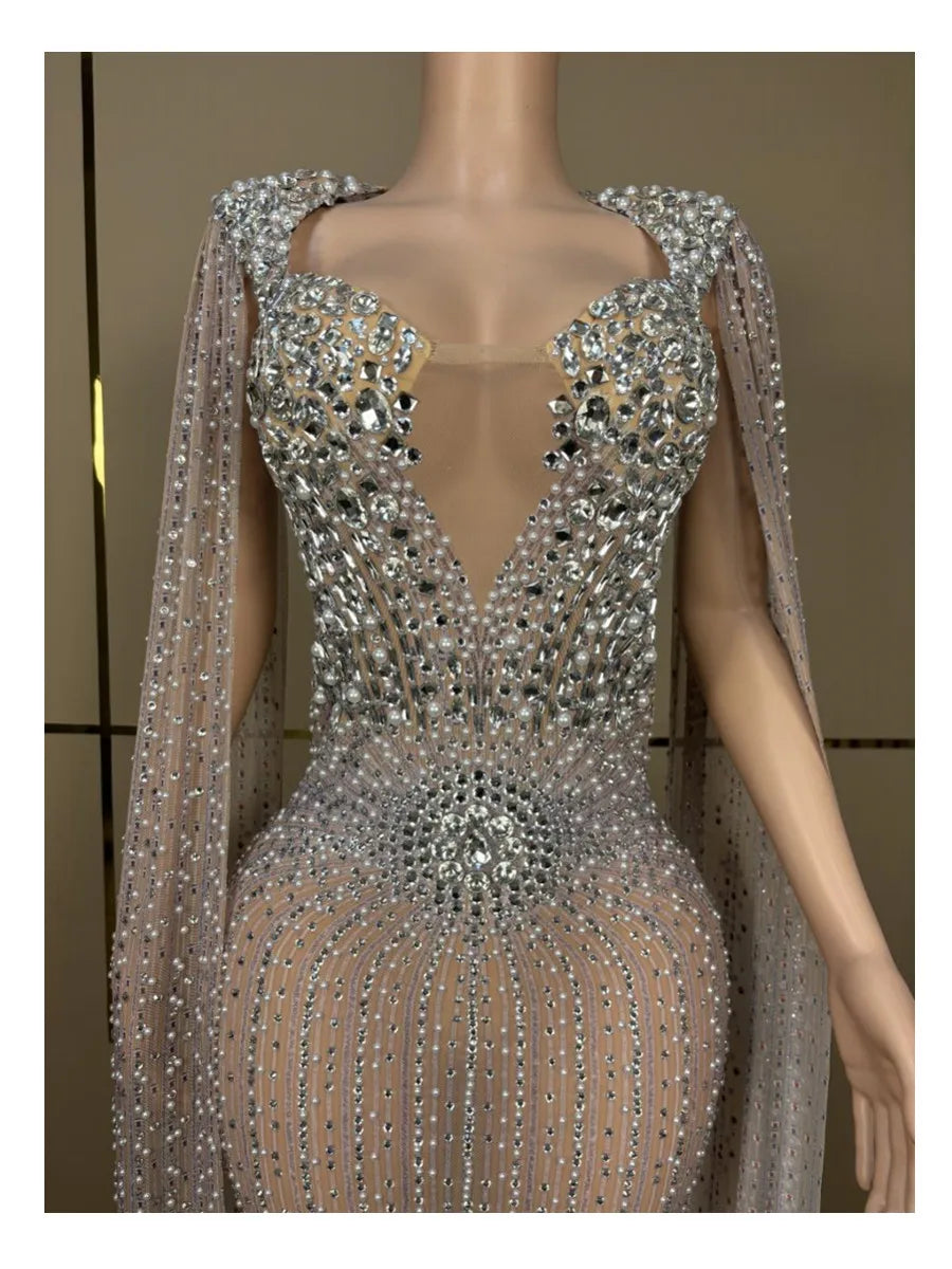 Luxury Sparkling Champagne Large Crystal Transparent Long Train Dress Set Birthday Celebration Dress Evening Wedding Dance Dress