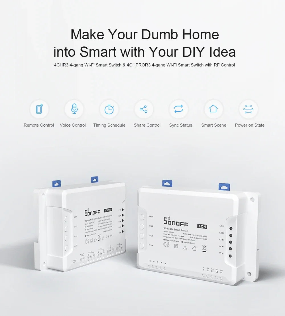 SONOFF WiFi 4CH PRO Smart Switch R3 4 Gang with RF Control 3 Working mode Smart Light Switch eWeLink APP Control Smart Module