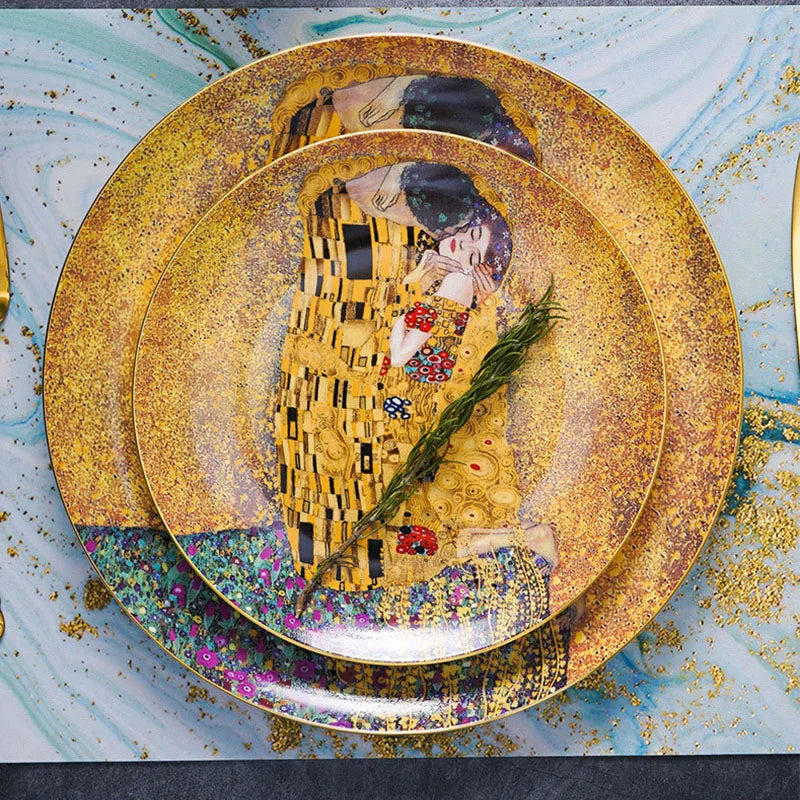 Klimt Kiss Bone China Dinning Plates Set Luxury Porcelain Plate for Dessert Steak Bread Cake Dish Home Party Tableware Gift