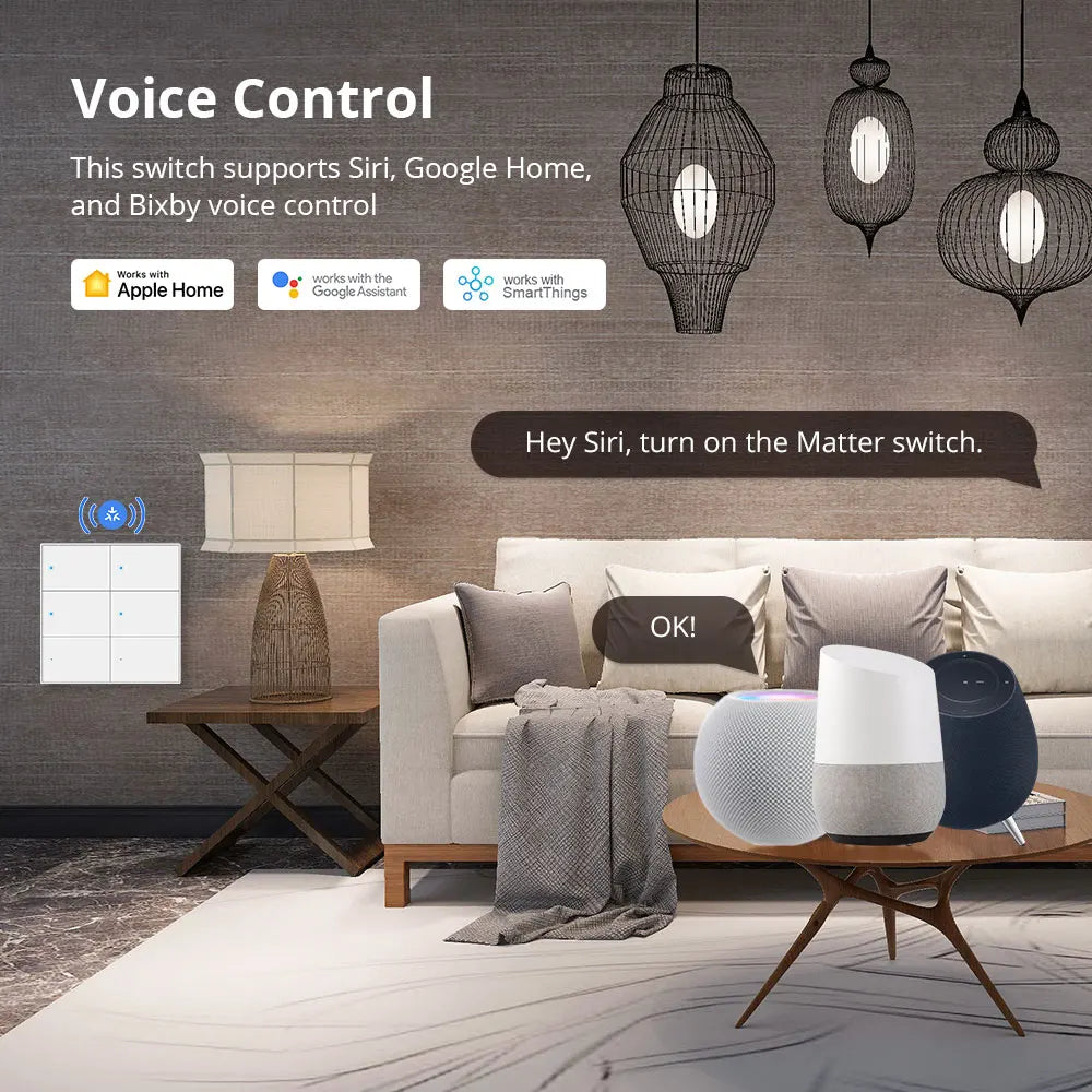 Zemismart Matter WiFi 6 Gangs Smart Wall Light Switch with Neutral 4x4 Push Button Switches SmartThings Homekit App