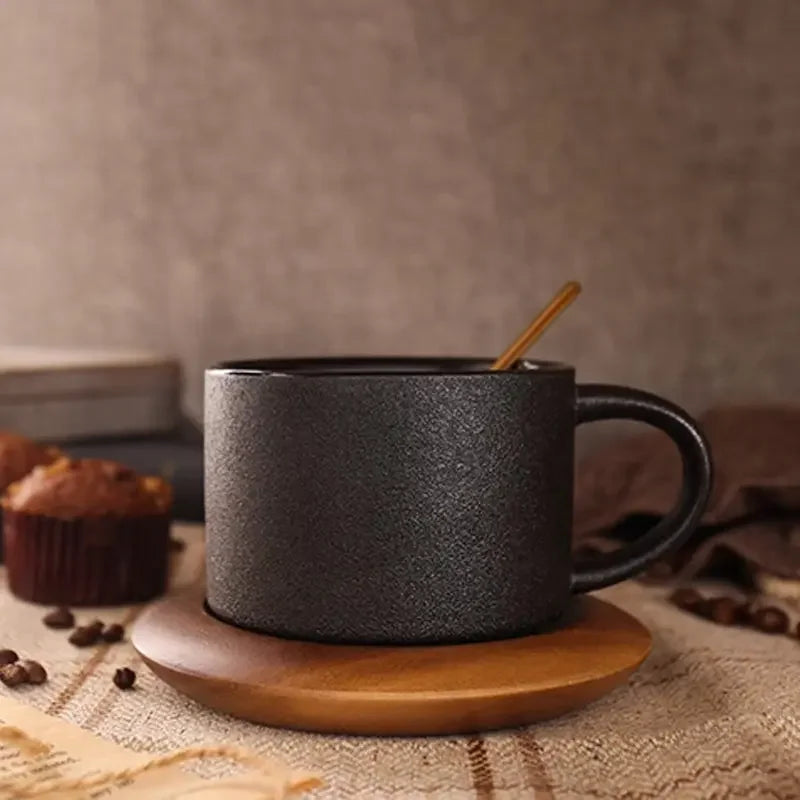Nordic Black Ceramic Coffee Tea Cup creative coffee shop cups Frosted Porcelain Matte Mug Wood Saucer with Gold Steel Spoon mugs