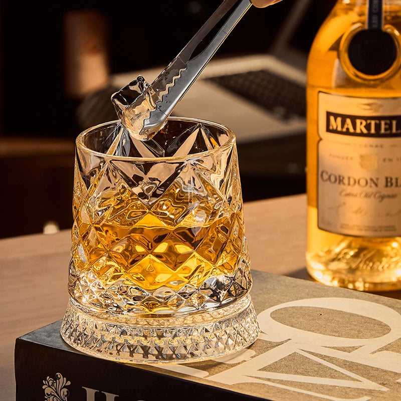 2026 New Whiskey Glasses Rotating Whisky Glass with Glass Base 360 Rotate Degrees Crystal Rum Glass for Cocktail Party Drinking