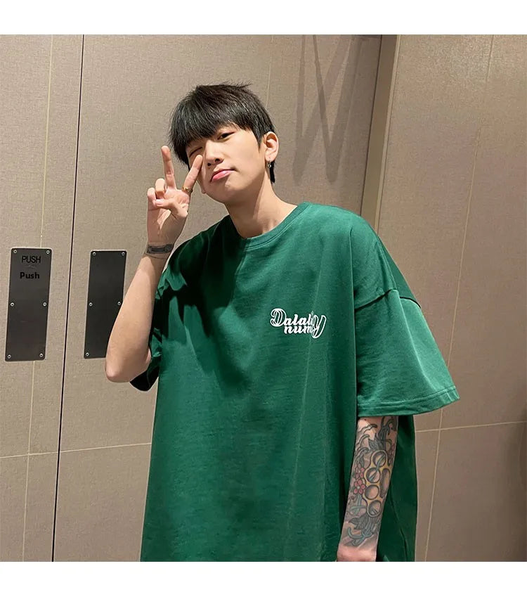 Forest Green Heavyweight Cotton American Style Men's T-shirt Short Sleeve Vibe High Street Seven Sleeve Summer T-shirt