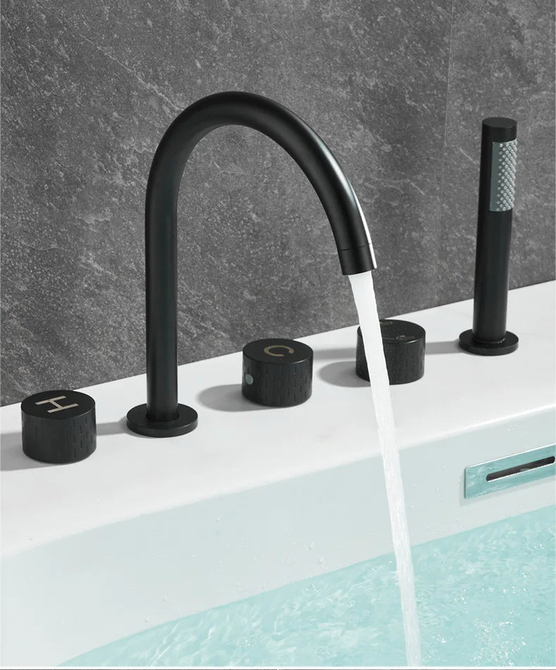 Gray Luxury Brass Deck-Mounted 5-Holes Bathroom Bath Tub Rotating Faucet Mixer Bathtub Basin Water Tap With Spray 3 Handles