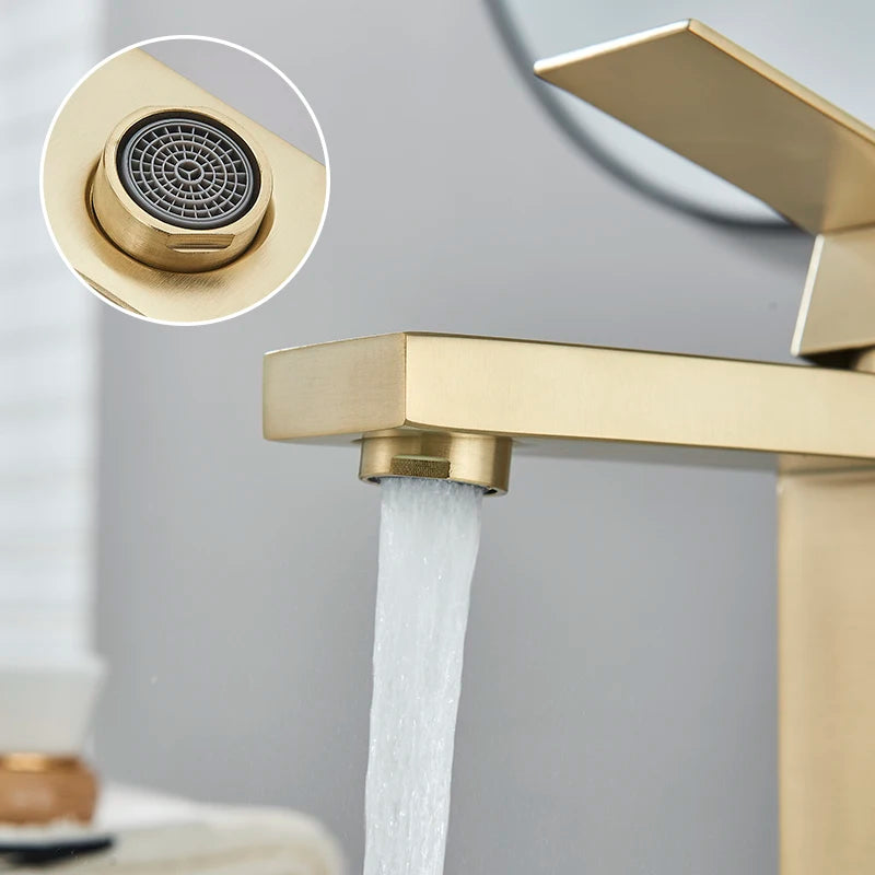 Senlesen Brushed Gold Bathroom Faucet Basin Faucets Deck Mounted Sink Mixer Tap Stainless Steel Countertop Hot Cold Water Crane