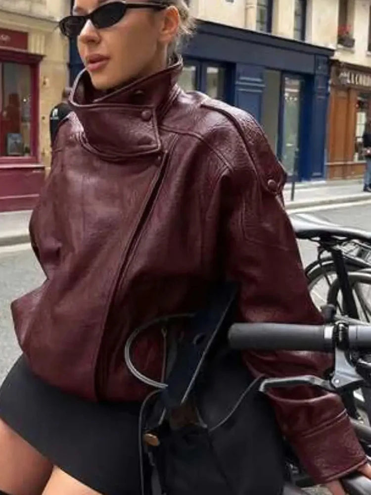 Fashion Black Faux Leather Short Jackets Women Retro High Neck Long Sleeve Oversized Coats Lady Autumn Winter Classic Streetwear