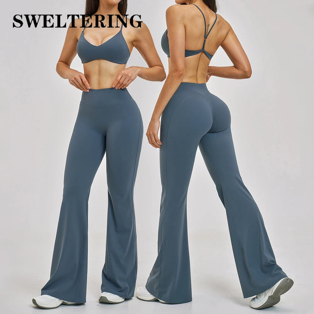 2PCS Yoga Set High Waist Flared Pant Gym Clothing Women Fitness Outfits Athletic Wear Female Workout Set Sportswear Yoga Clothes