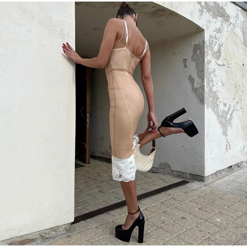 Sexy Sheer Mesh Overlay Midi Dress Women Sleeveless Sleeveless Spaghetti Strap Slim Dresses 2026 Lady Trendy Party Club Robe