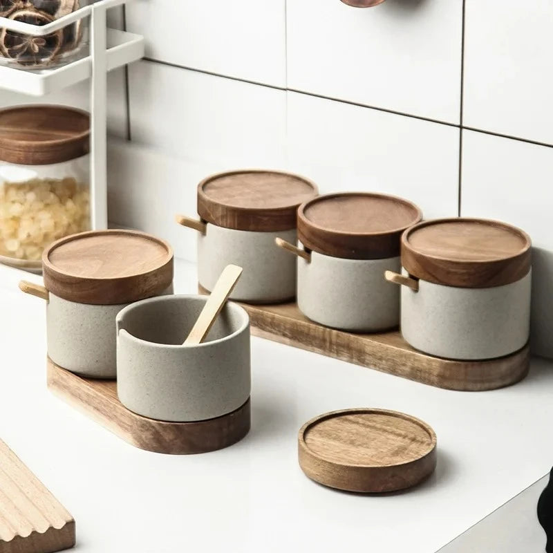 JUSTINLAU Ceramic Seasoning Jar Japanese Spice Container with Bamboo Lid Spoon Home Oil Pot Seasoning Bottle Tray Kitchen Tools