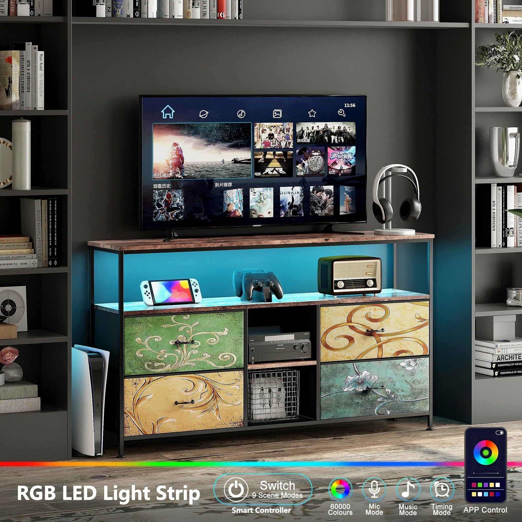 Rosahqnda TV stand with 4 drawers, TV cabinet, , adjustable shelves, TV table, TV cabinet living room furniture