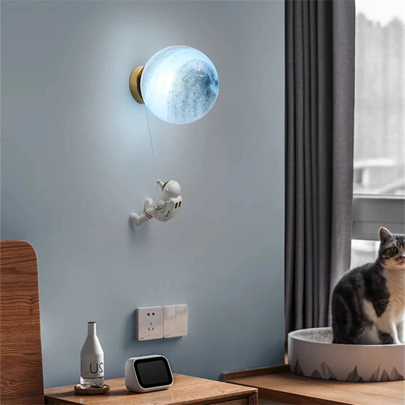 Modern Astronaut Wall Lamp Natural Alabaster Planet LED Sconce Kids Bedroom Astronaut Nursery Decor