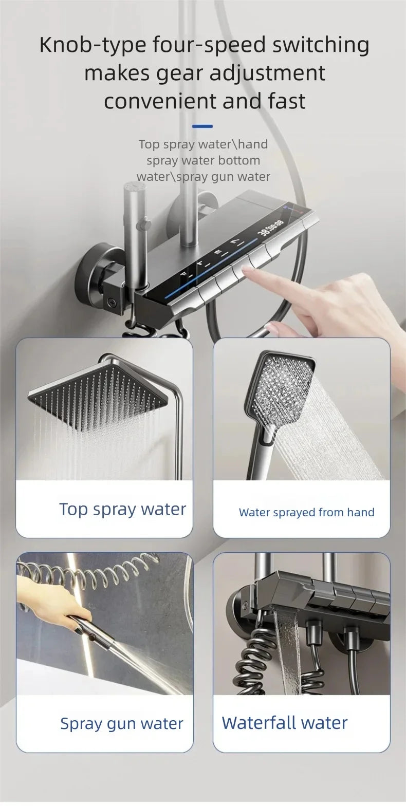 Multifunctional Aluminum Shower Set Household Hot and Cold Water Digital Display Pressurized Shower System Set Bathtub Faucet