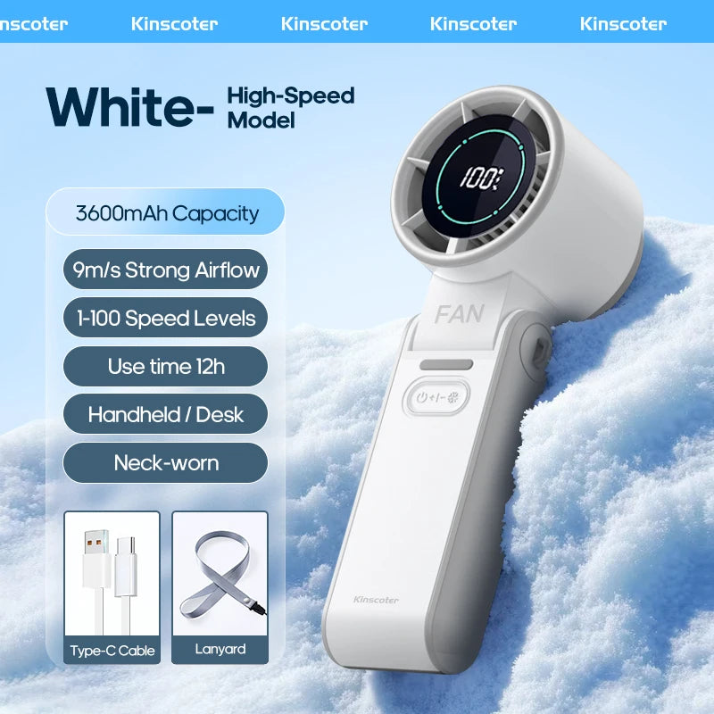 Portable High Speed Cooling Handheld Fan 3600mAh Rechargeable 100 Speed Adjustable Mini Foldable Air Cooling Turbo Fan & Lanyard