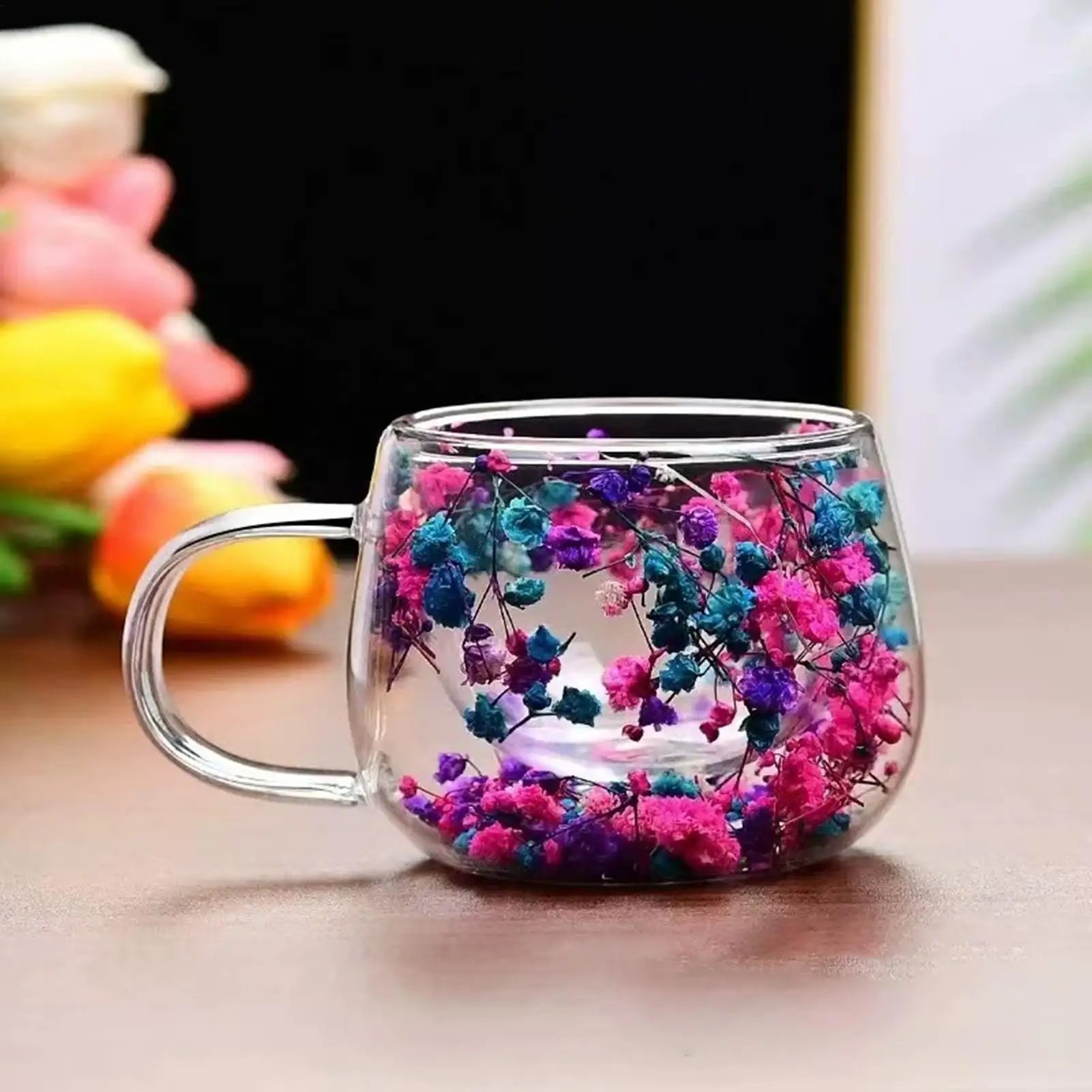 300ml Glass Cup with Dried Flower Heat Resistant Drinking Glasses for Water Juice Milk Coffee Tea Home Cafe Office Party