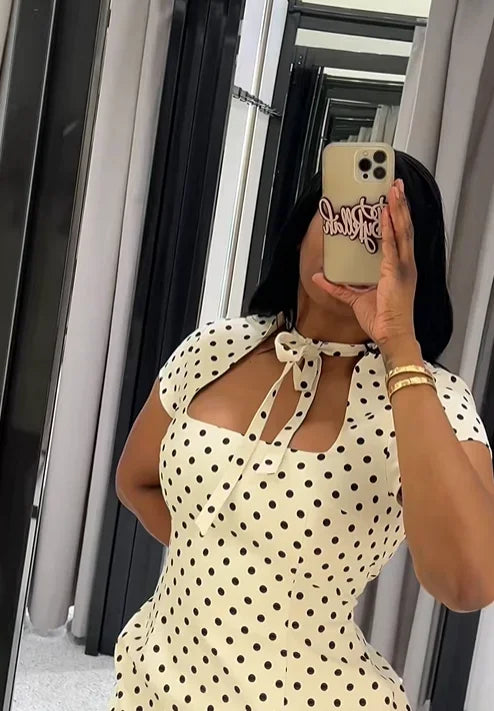 Elegant Lace-up Polka Dot Mini Dress Lady Chic Short-sleeved Waist Cinching Slim A-line Vestidos 2026 Women Evening Party Gowns