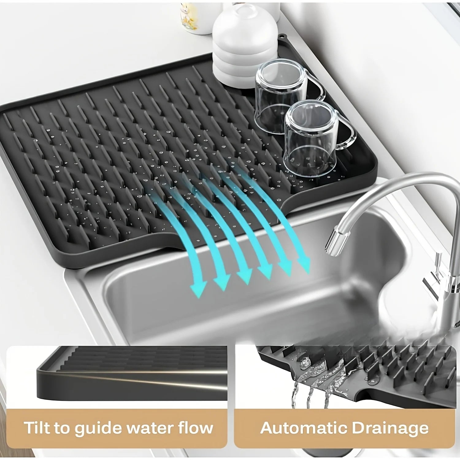 Kitchen Silicone Drain Mat with Built-in Drainage Design, Easy to Clean, Suitable for Countertops, Sinks, Refrigerators