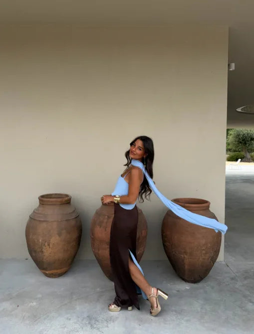 Color Blocking Scarf Collar Suspender Women Maxi Dress Spaghetti Strap High Split Floor Length Evening Dresses Lady Party Robes