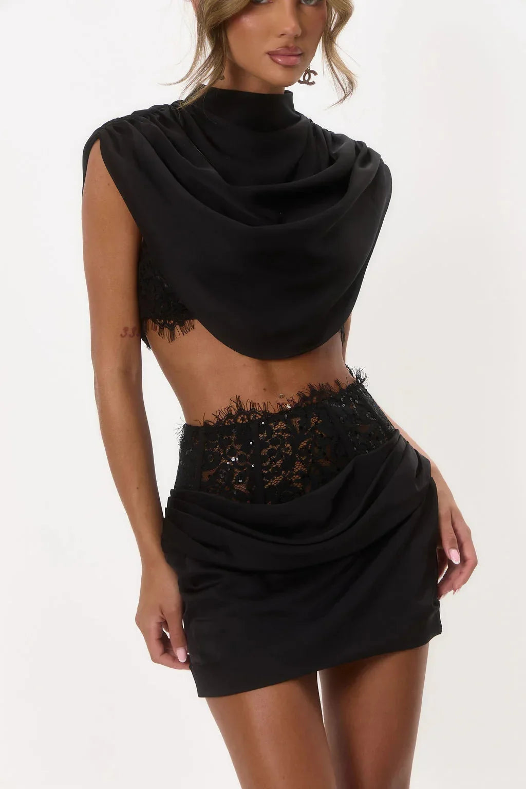 Solid Satin Lace Spliced Co-ords Lady Chic Draped Cowl Neck Ruched Cropped Top With Bodycon Mini Skirt New Party Banquet Wear