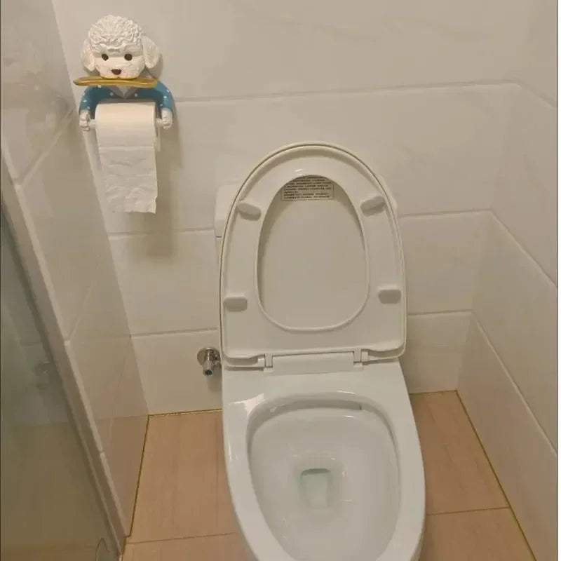 Cartoon Teddy Dog Toilet Paper Holder Punch Free Wall Mounted Toilet Tissue Roll Paper Storage Tray Rack Bathroom Decoration