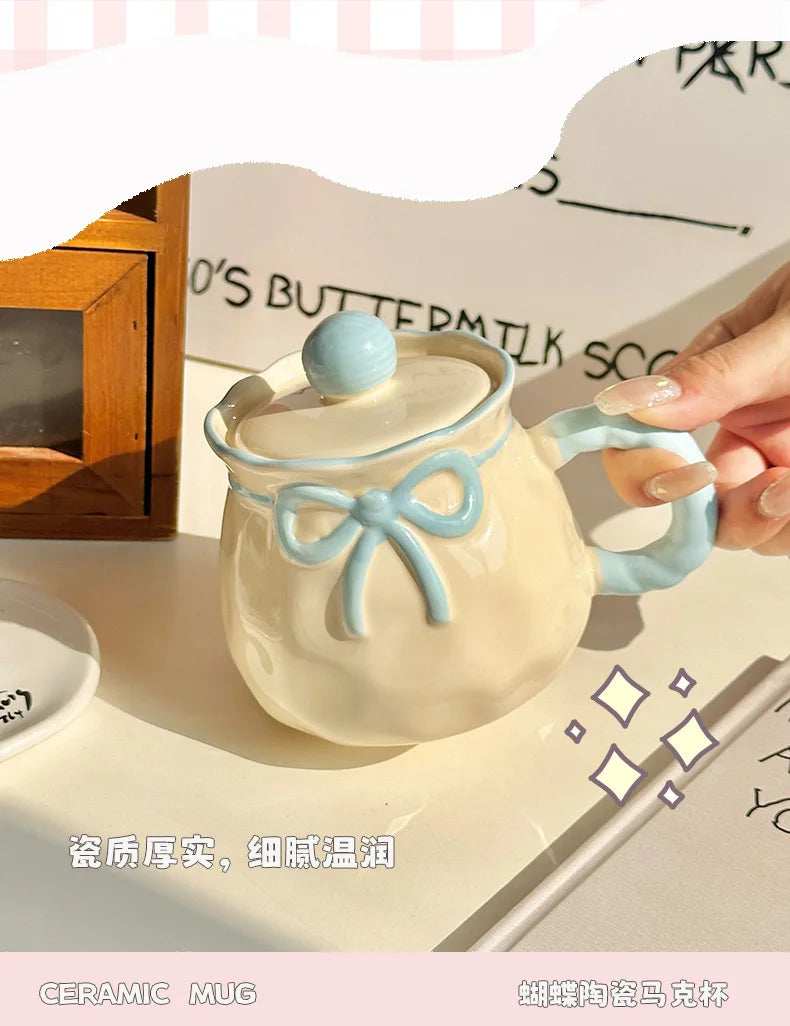 Ceramic Mug with Gift Box, Hand Painted Underglaze Bow, Birthday Gift Souvenir for Her, Cute Present, Coffee Cup, Ladies Gift
