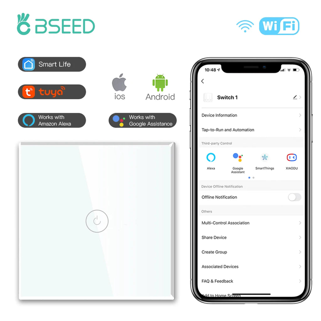 BSEED WIFI Touch Switches 1/2/3/4Gang Smart Light Switches Wall Stair Switches Tuya Control Smart Life APP Multi-Control Neutral