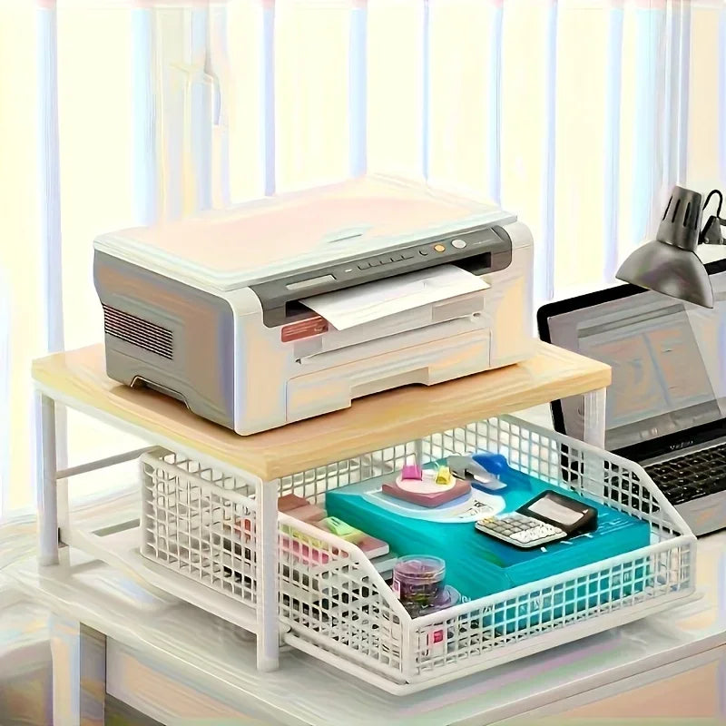 Space-Saving Kitchen Countertop Organizer Made of Sturdy Hardwood with Drawer and Wire Basket for Coffee Maker