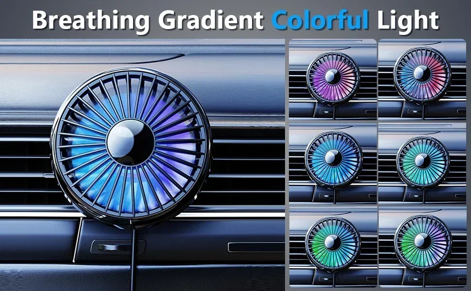 Car Air Vent Fan with Colorful Breathing Light USB Powered 3 Speed Wind Cooling Fan 360° Rotatable Quiet Fan Car AC Fans