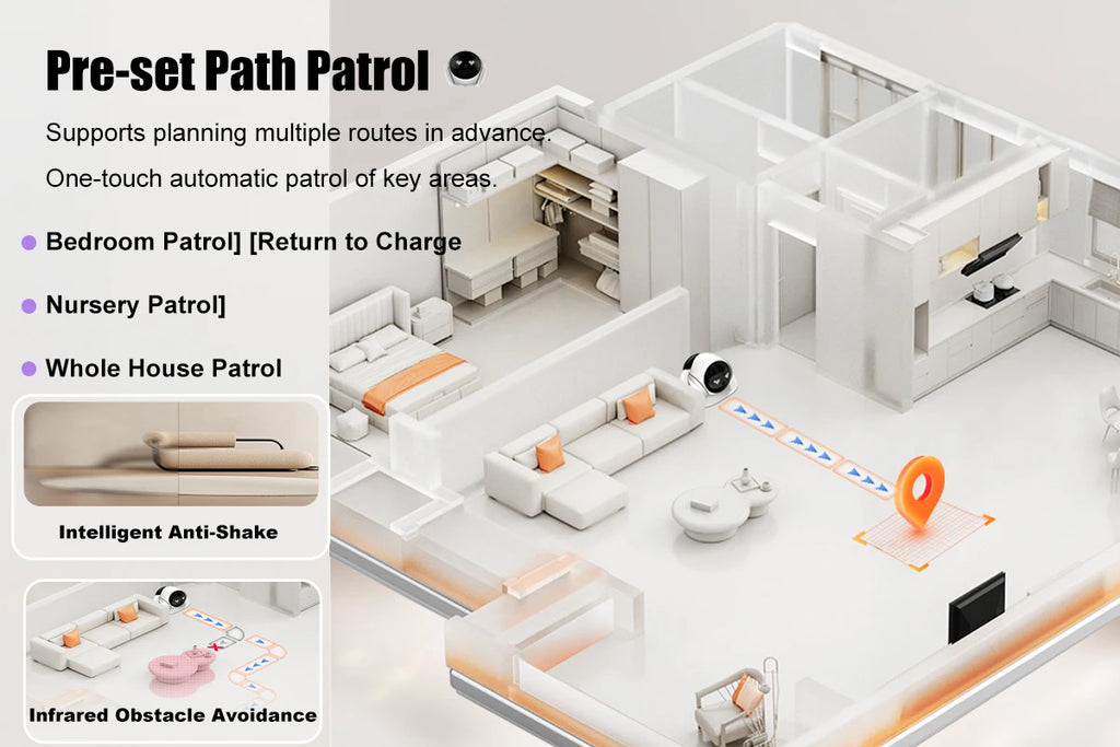 Smart Robot Camera for Home Security,Mobile Patrol with 2.4G/5G WiFi,Infrared Night Vision,2-Way Audio,AI Motion Detection