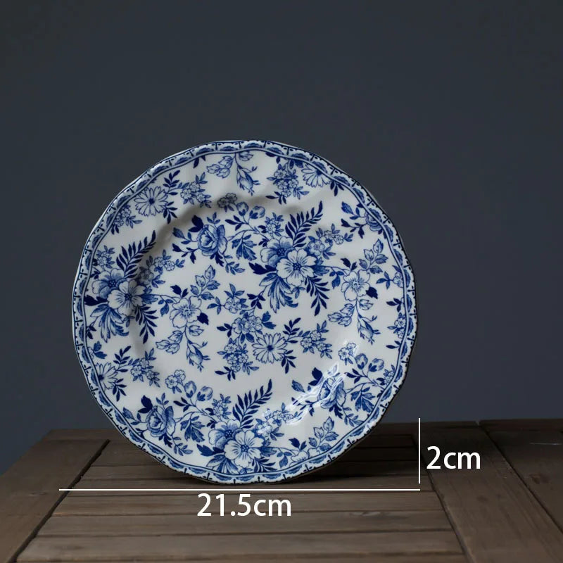 European Ceramic Dinner Plate Set Blue and White Porcelain Decorative Breakfast Plates Retro Hand Painted Restaurant Steak Dish