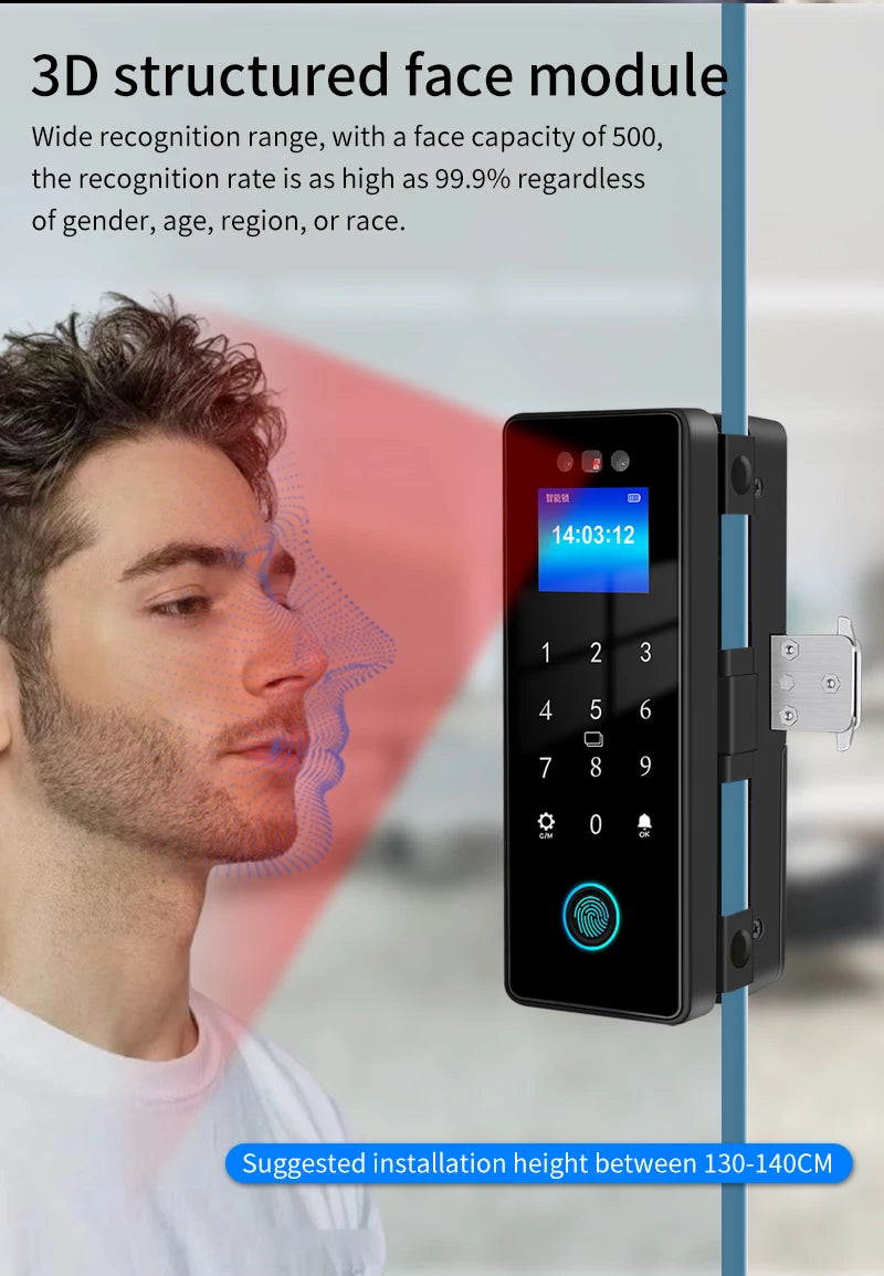 3D Face Tuya Wifi Electronic Smart Glass Door Lock With Biometric Fingerprint/RFID Card /Password Unlock/USB Emergency Charge