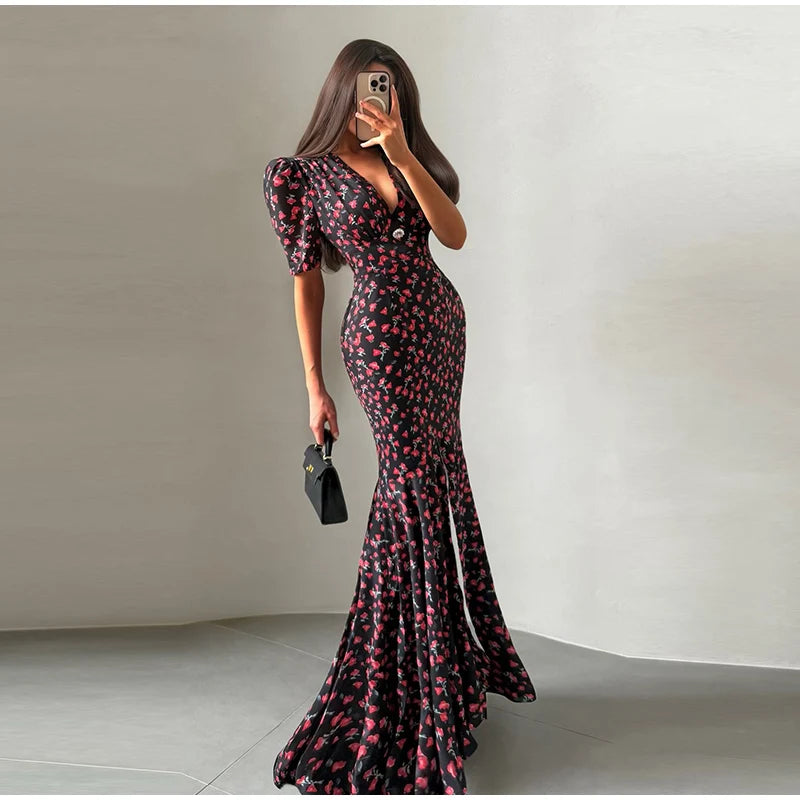 Slim Printed Waist-cinching Fishtail Dress 2026 Summer New Ladies Sexy V-neck Short Sleeve Split Long Robes Women's Party Gowns