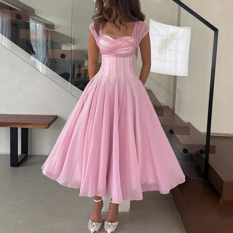 Women Fashion Backless High Waisted Ball Dress Elegant Christmas Party Long Dresses 2025 Sexy Square Neck Sleeveless Mesh Dress
