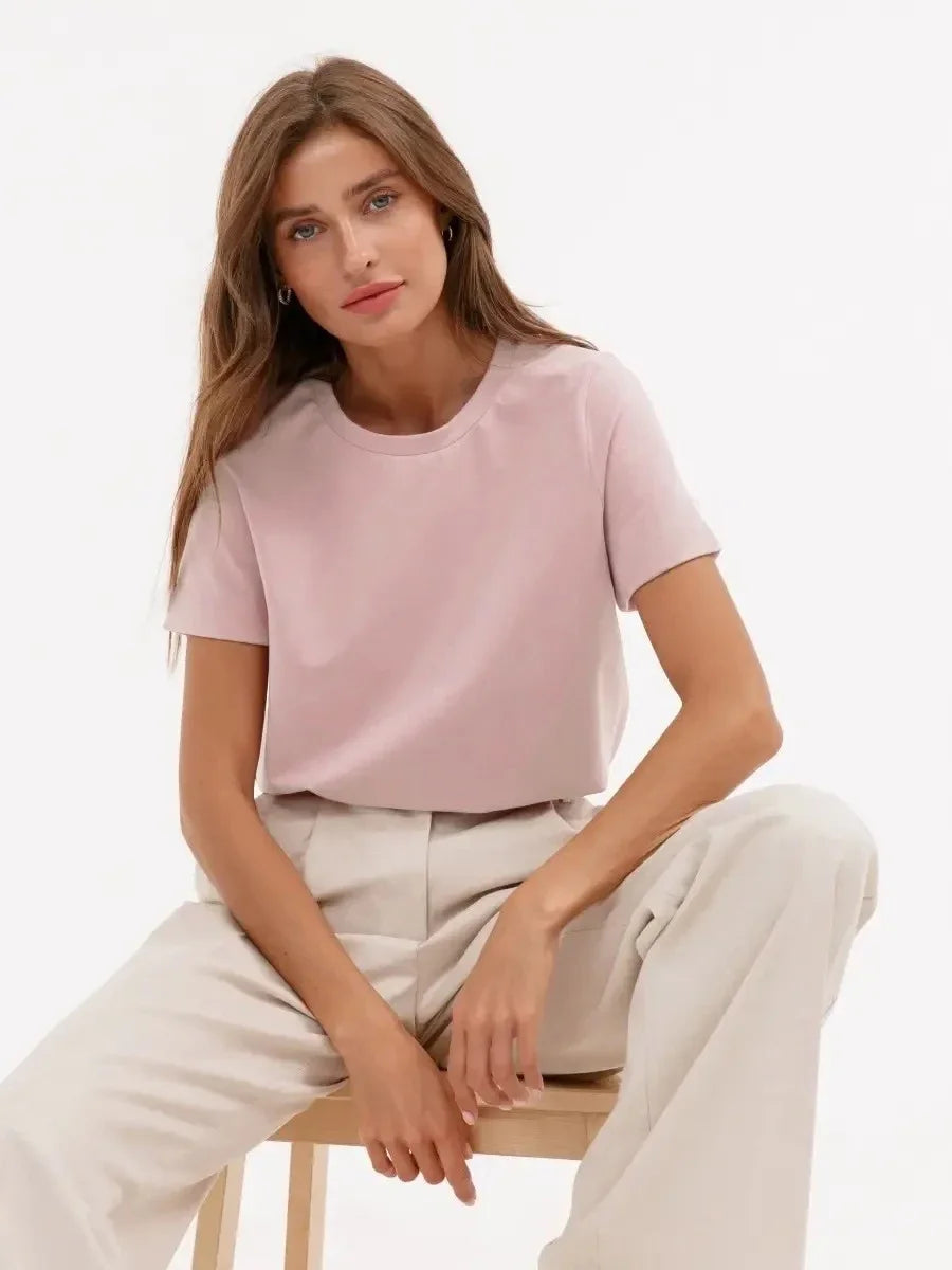 Cross border hot selling cotton T-shirt with round neck and short sleeves for European and American women loose basic top