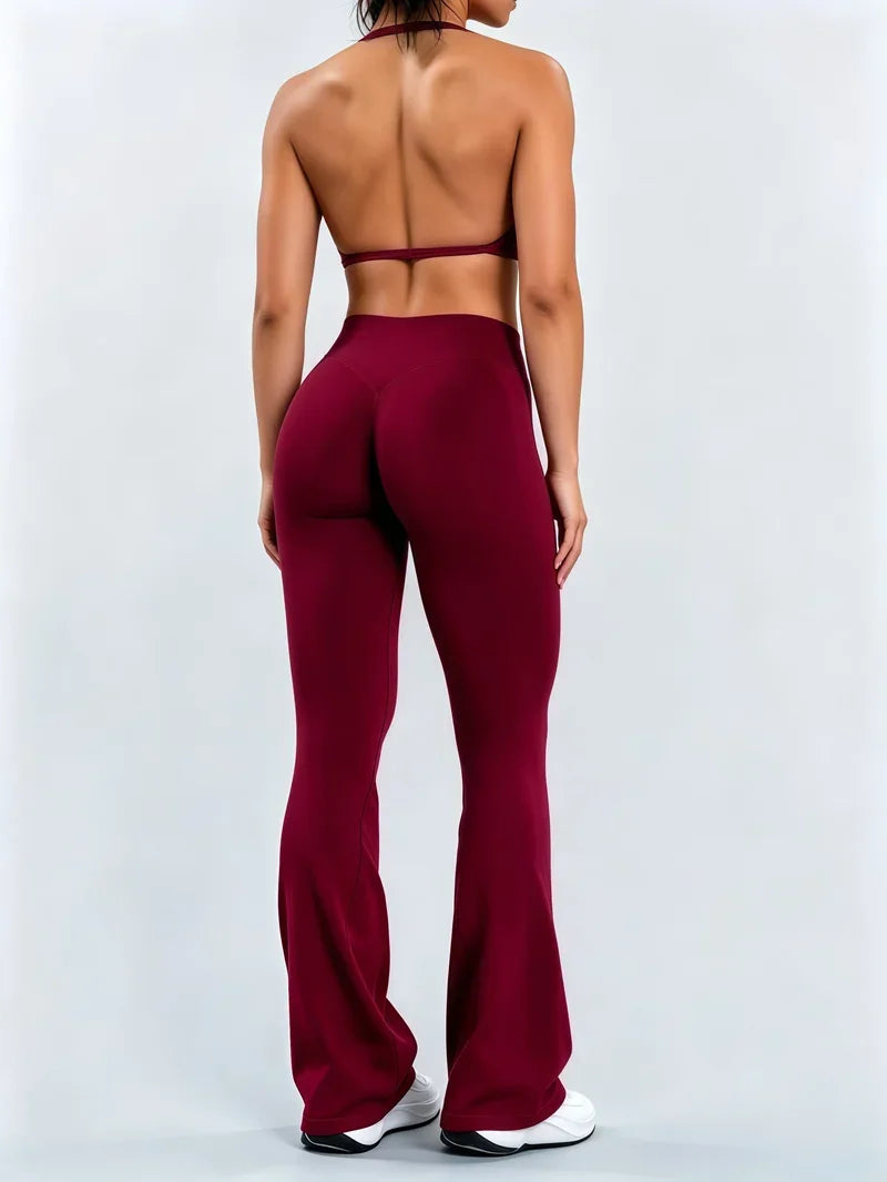 Sexy Women Flare Leggings Set Seamless Hip Lifting Fitness Flared Pants Suit Open Back Gym Strappy Bra Yoga Flares Legging Sets