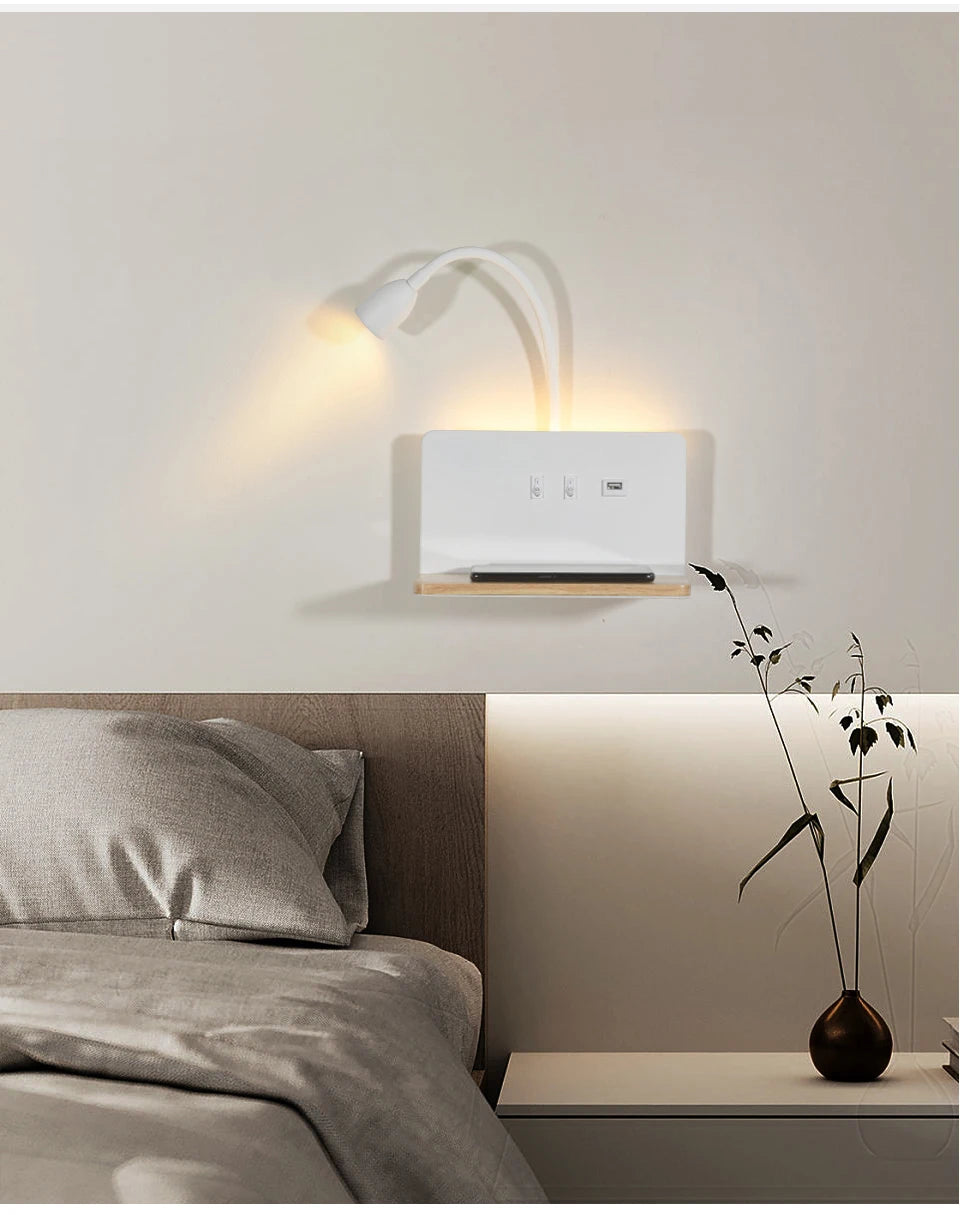 Indoor LED Wall Lamp With USB Interface And Wireless Charging Modern 360° Rotatable Wall Light With Switch Bedside Night Lights