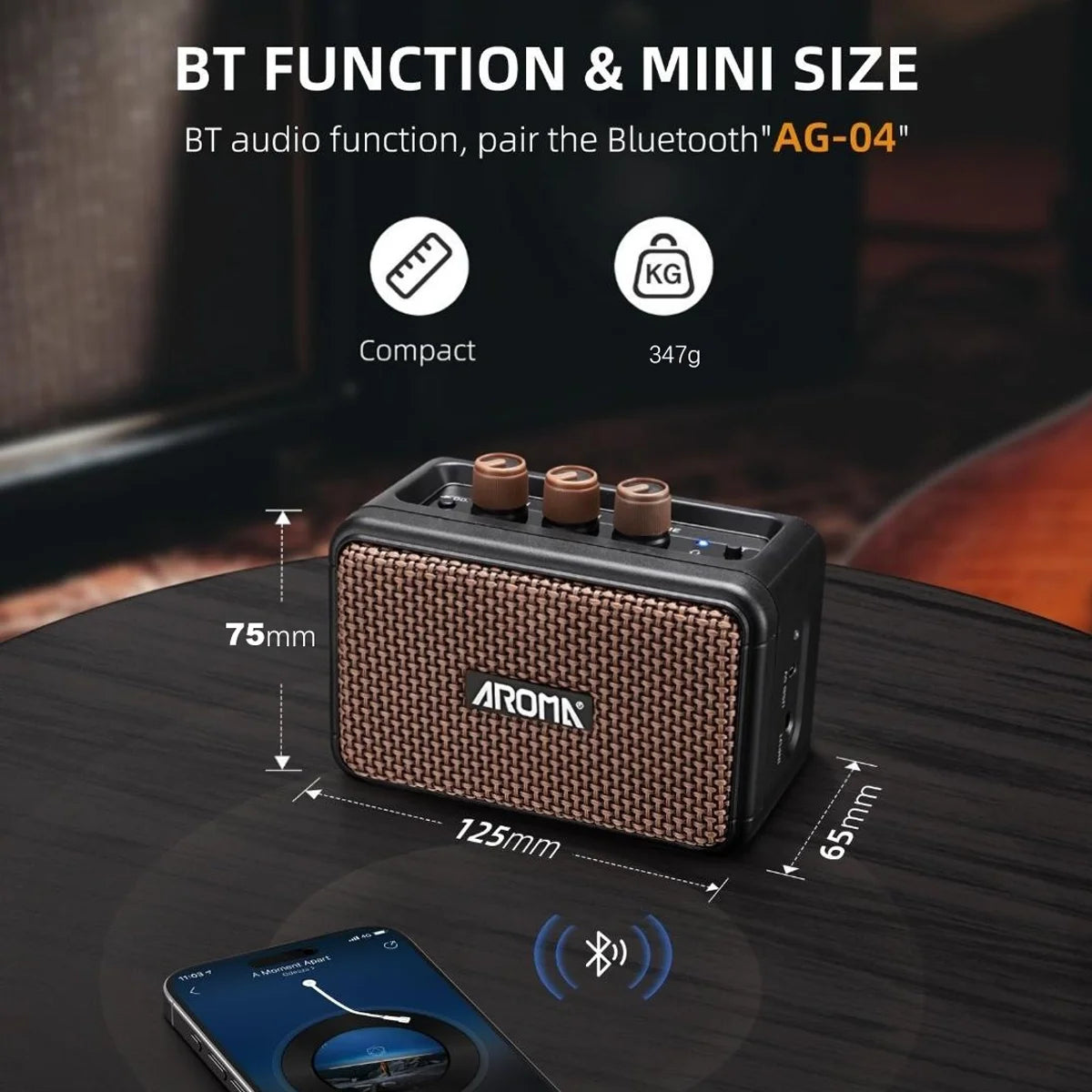 Aroma AG-04 Mini Electric Guitar Amp: Rechargeable Bluetooth Portable Amp (Clean/Overdrive, Headphone Jack)