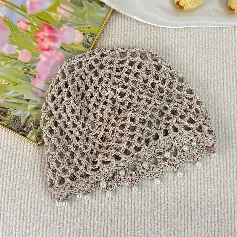 Fashion Hollowed Out Woven Pullover Hats Crochet Breathable Beret Cap Pearl Fringed Retro Beanies Cap for Women Summer Korean