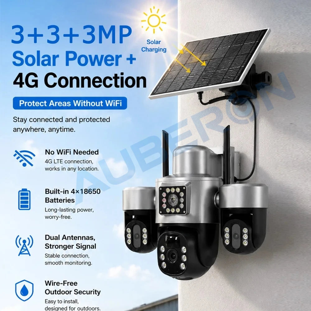 Solar 4G Security Camera 3 Lens 3 Screen Outdoor V380 APP 6MP PTZ PIR Full Color Night Vision IP66 Waterproof Battery Cam System