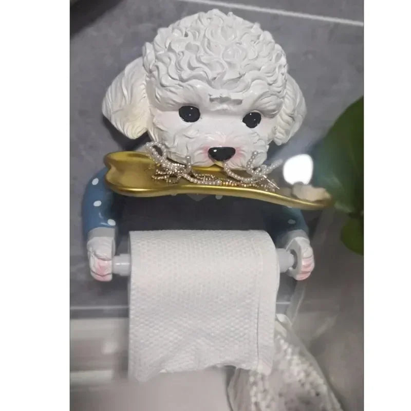 Cartoon Teddy Dog Toilet Paper Holder Punch Free Wall Mounted Toilet Tissue Roll Paper Storage Tray Rack Bathroom Decoration