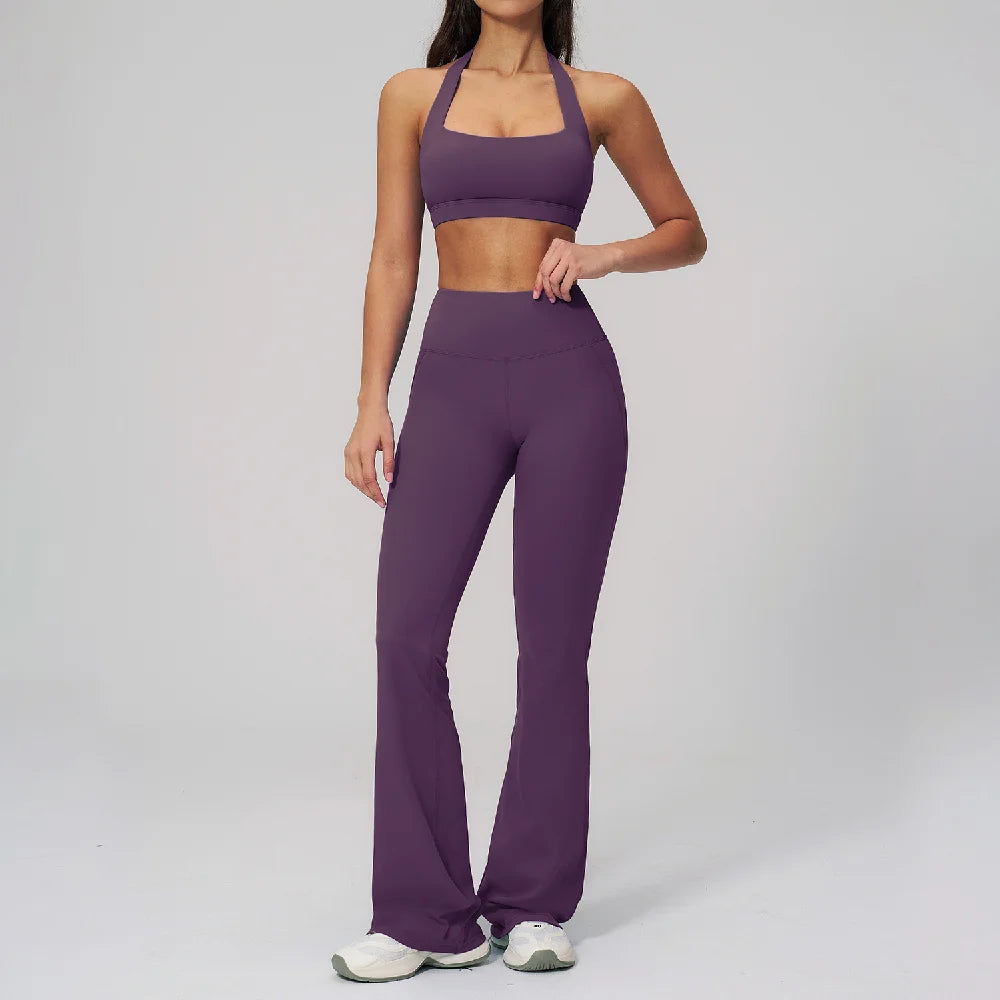 2PCS Flared Pants Yoga Set Women's Tracksuits Gym Fitness Outfits Sports Sets Female Shockproof Sports Bra Yoga Workout Clothes