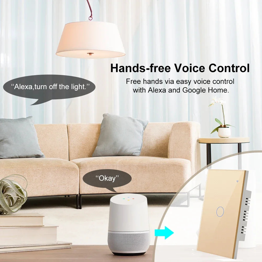 2 3 4 Gang 2 3 Way US Tuya Smart Wall Touch Light Switch for LED with No Neutral WiFi Glass Australia Brazil Android RoHS Alexa