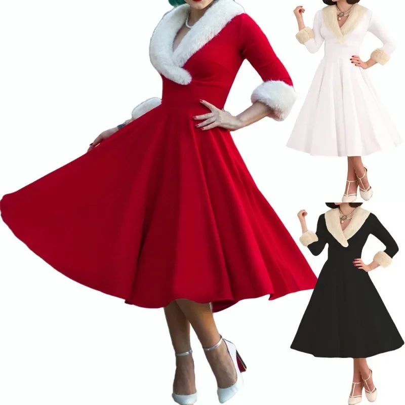 2024 Retro Temperamental Women Christmas Dresses Vintage V-Neck High Waist Long Dress Raw Edge Patchwork Large Swing Party Dress
