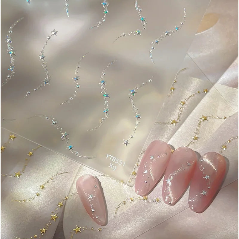 Cute Shiny Stars Chain Nail Stickers Gold and Silver Wavy Star Lines Self Adhesive Nail Stickers for Summer Nail Art Decoration