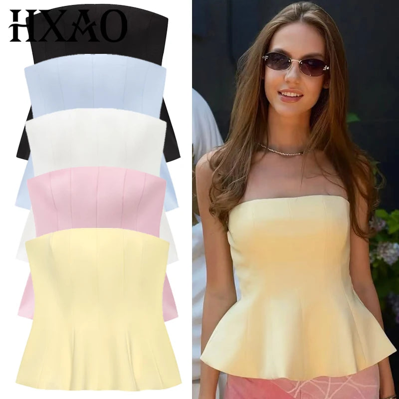 HXAO Corset Tube Top Women Summer 2025 White Pink Blue Yellow Black Top Bustier Ruffled Vests Cute Sleeveless Backless Tank Top