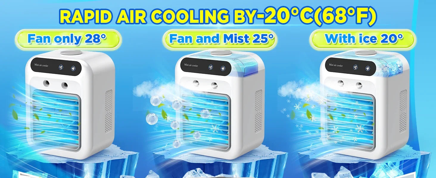 Portable Air Conditioners,3-In-1 Cooling Fan Air Conditioner with 2-Speed,Built-In 1800mah Battery,Air Cooler for Home&Outdoor