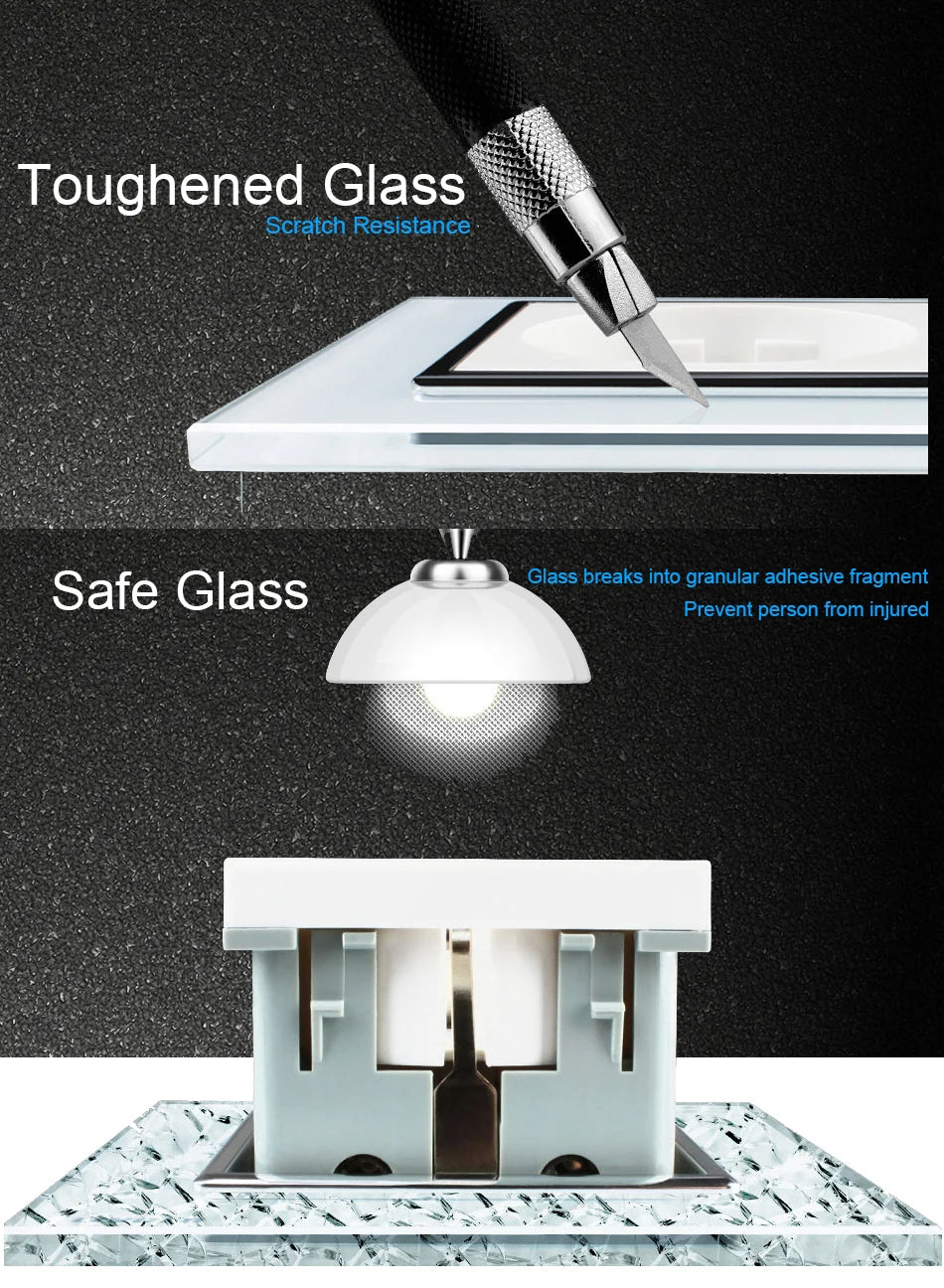 Touch Light Switch With EU Power Wall Sockets White Black 300W Led 1 Gang 1 Way Crystal Glass Panel Interruptor 157mm*86mm